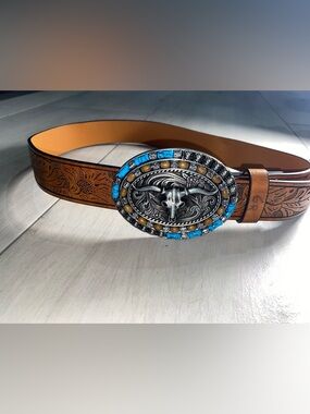 Tan Tooled Leather Western Belt with Turquoise Accent Oval Buckle
